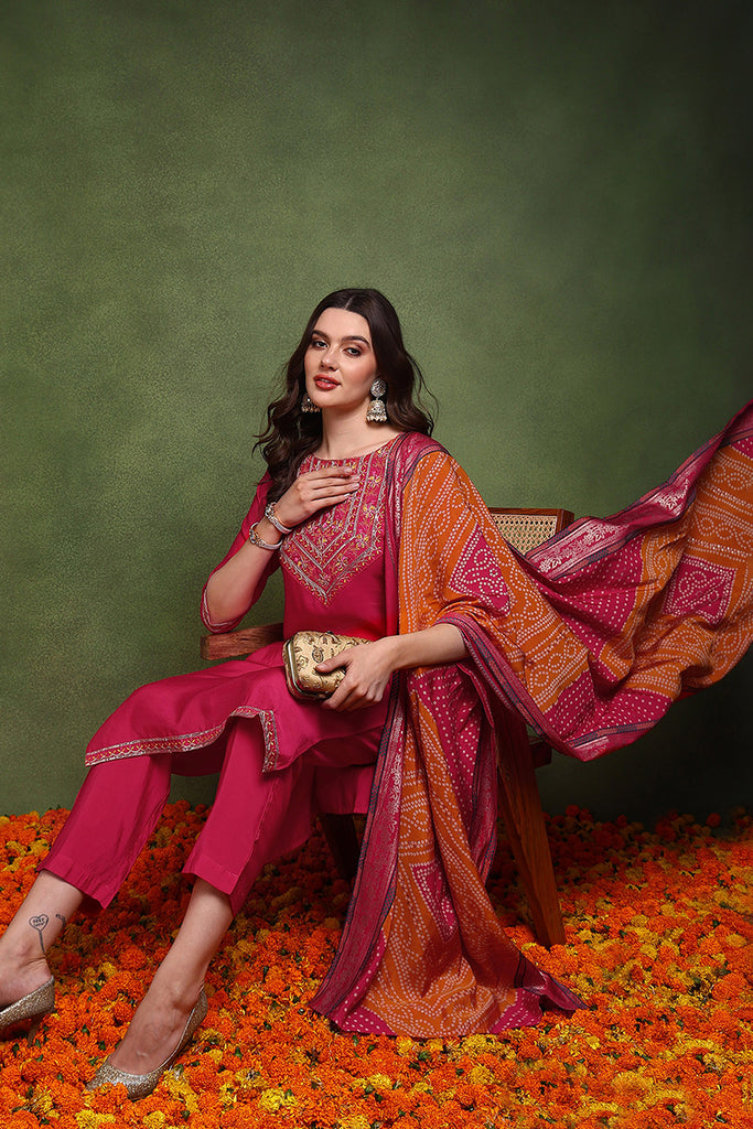 Pink Silk Blend Solid Embroidered Straight Suit Set JPSKD1024PNK