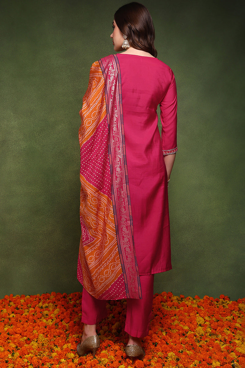 Pink Silk Blend Solid Embroidered Straight Suit Set JPSKD1024PNK