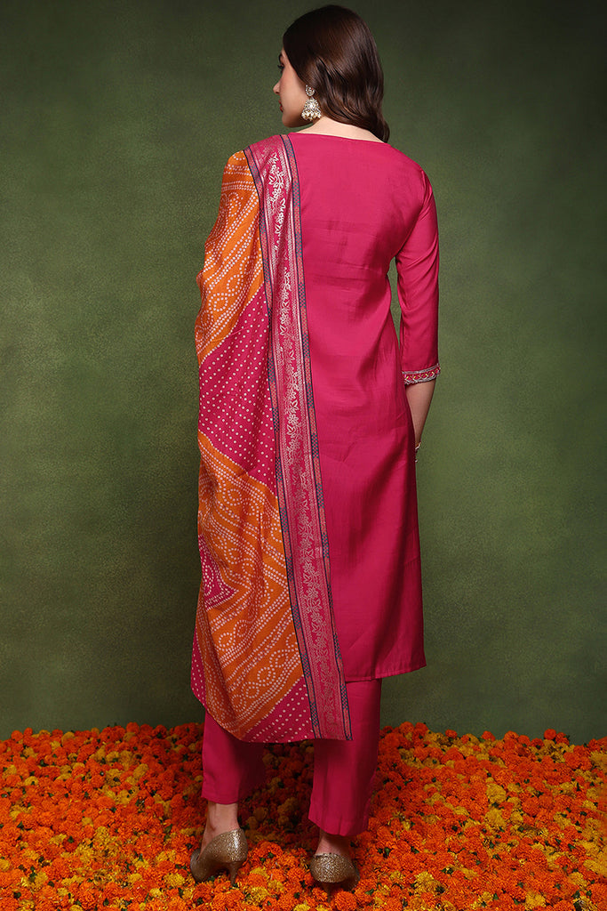 Pink Silk Blend Solid Embroidered Straight Suit Set JPSKD1024PNK