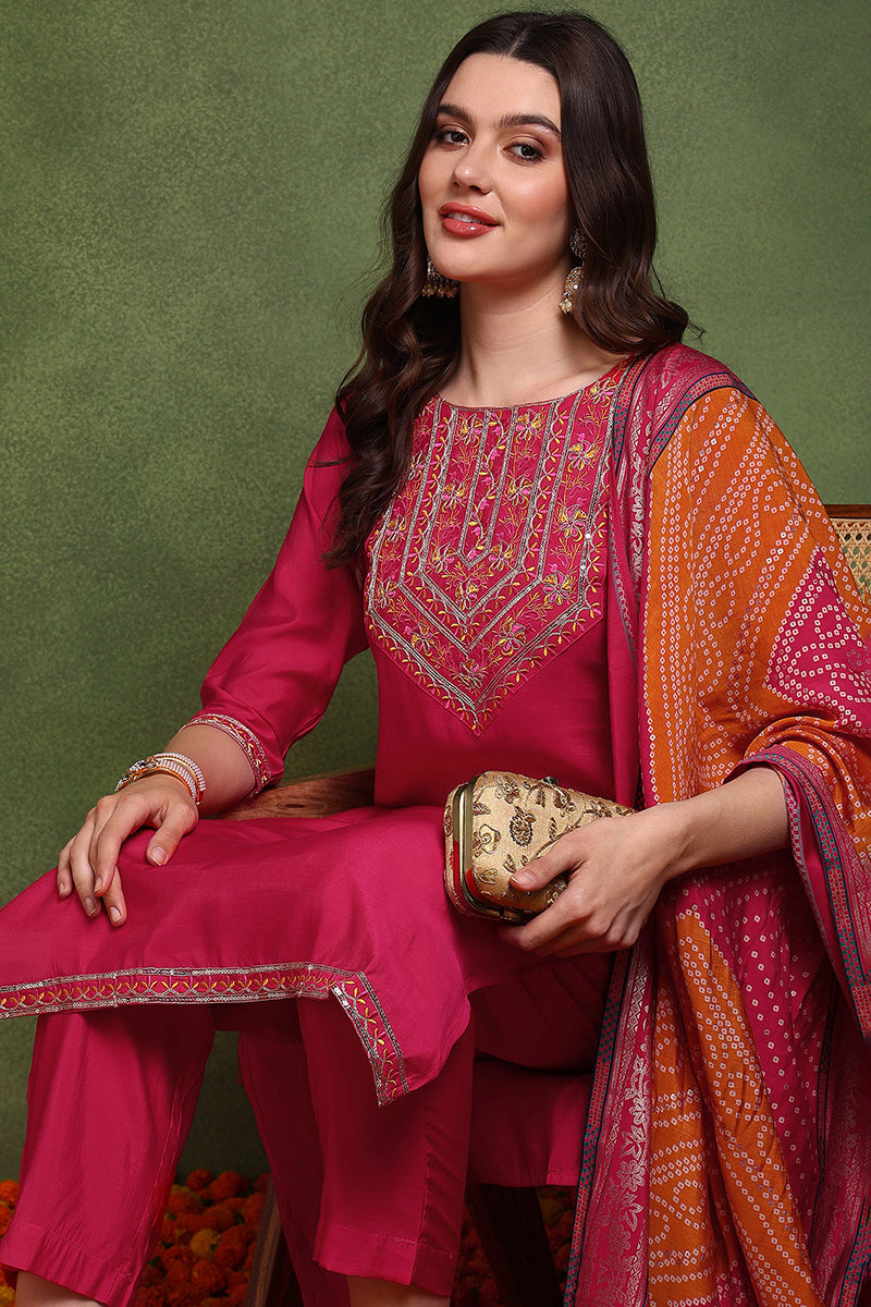 Pink Silk Blend Solid Embroidered Straight Suit Set JPSKD1024PNK