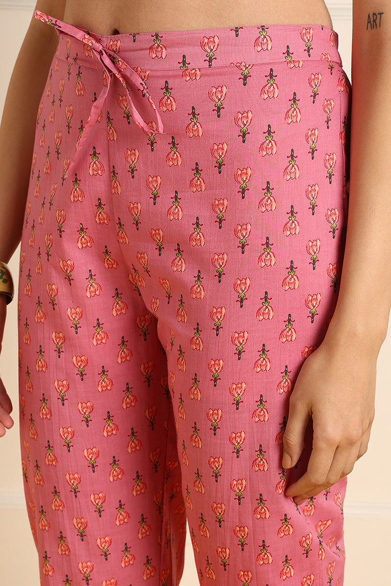 Pink Pure Cotton Floral Embroidered A-Line Suit Set JPSKD1025PNK