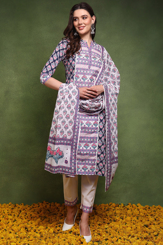 Multi Color Pure Cotton Ethnic Motifs Printed Straight Suit Set JPSKD1029BLU