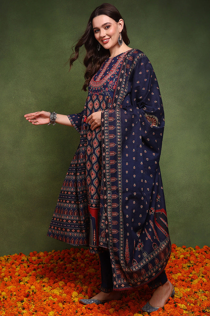 Navy Blue Pure Cotton Ethnic Motifs Printed A-Line Suit Set JPSKD1030BLU