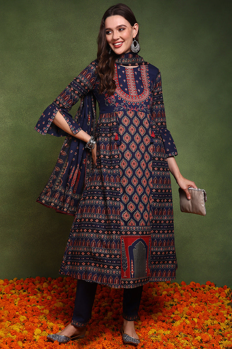 Navy Blue Pure Cotton Ethnic Motifs Printed A-Line Suit Set JPSKD1030BLU