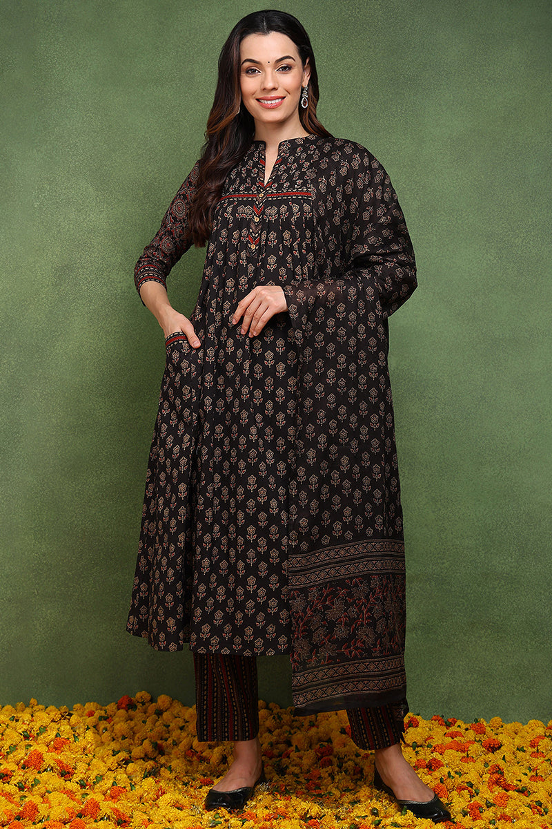 Brown Pure Cotton Ethnic Motifs Printed A-Line Suit Set JPSKD1030BRN