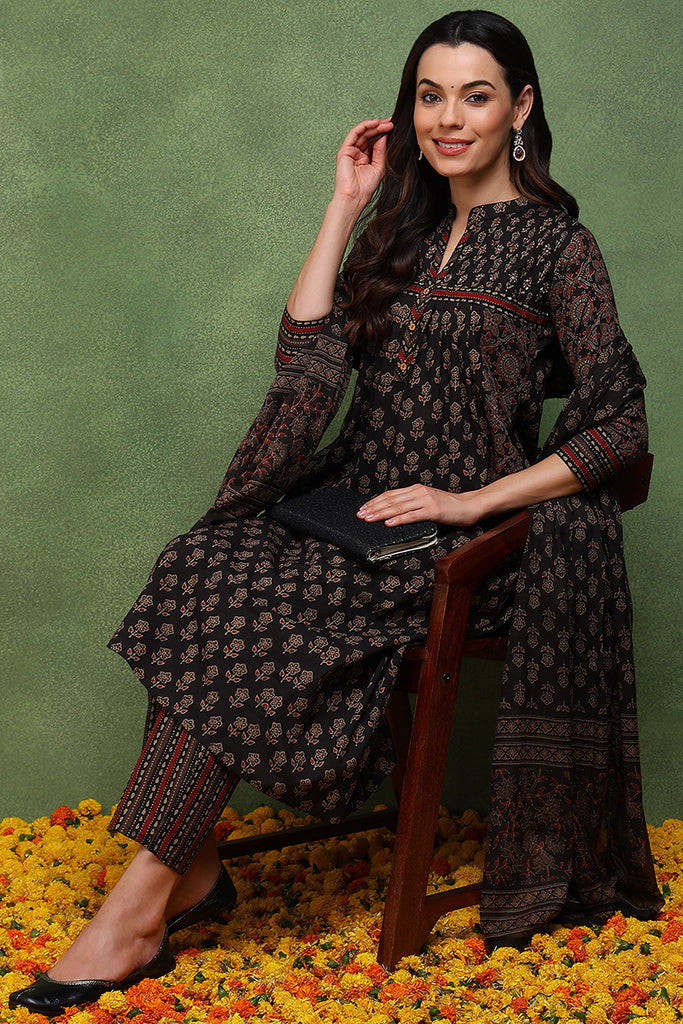 Brown Pure Cotton Ethnic Motifs Printed A-Line Suit Set JPSKD1030BRN