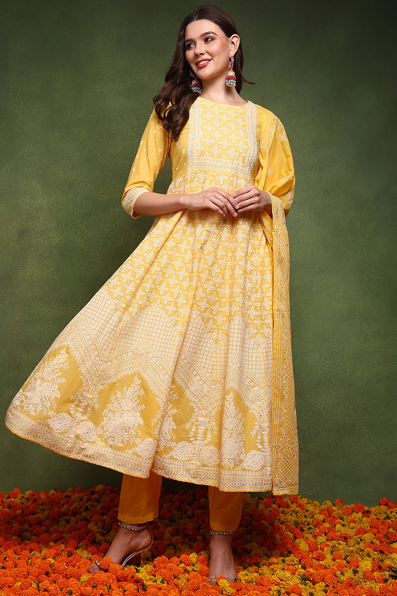 Yellow Pure Cotton Ethnic Motifs Printed Anarkali Suit Set JPSKD1031YLW