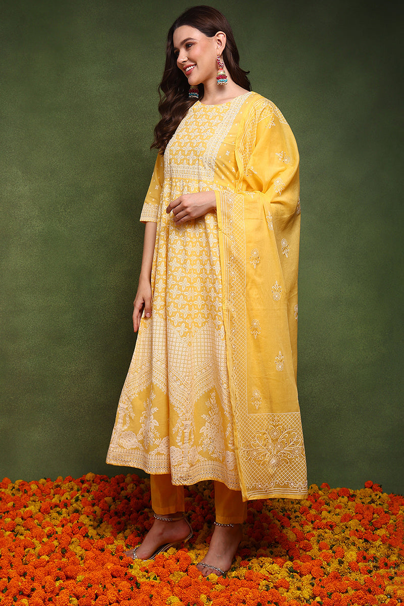 Yellow Pure Cotton Ethnic Motifs Printed Anarkali Suit Set JPSKD1031YLW