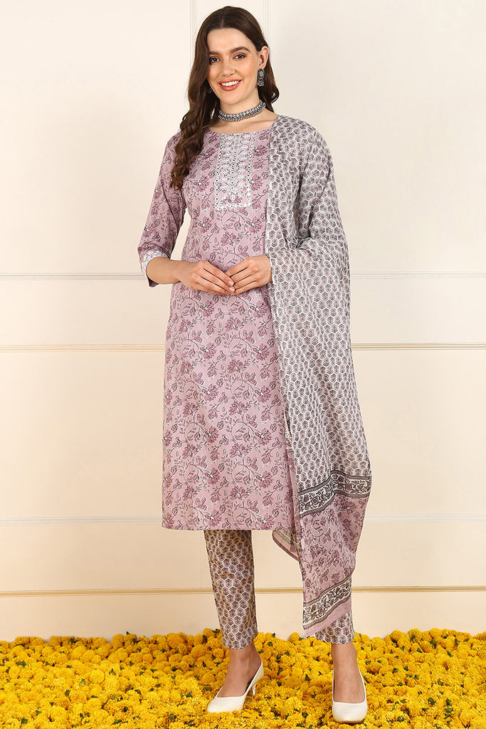 Pink Cotton Floral Printed Embroidered Straight Suit Set JPSKD1032PNK