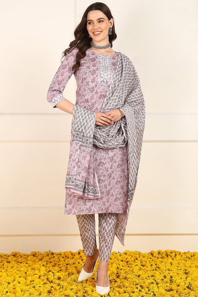 Pink Cotton Floral Printed Embroidered Straight Suit Set JPSKD1032PNK