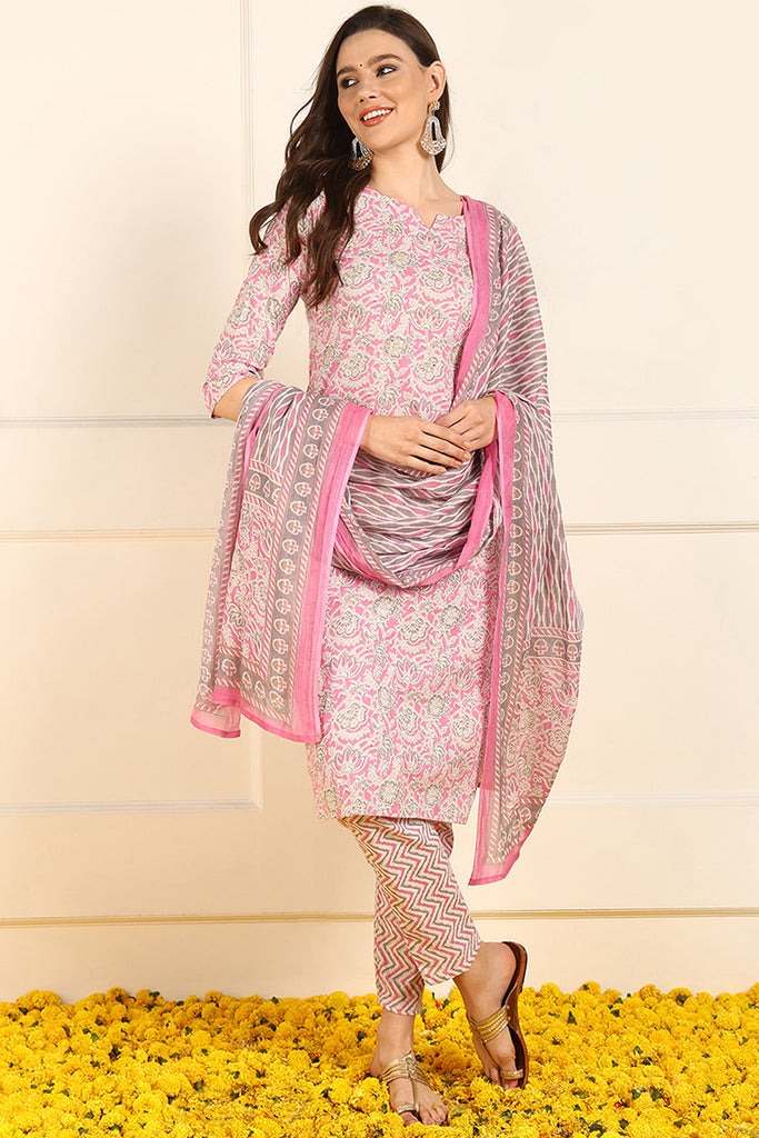 Pink Pure Cotton Floral Printed Straight Suit Set JPSKD1033PNK