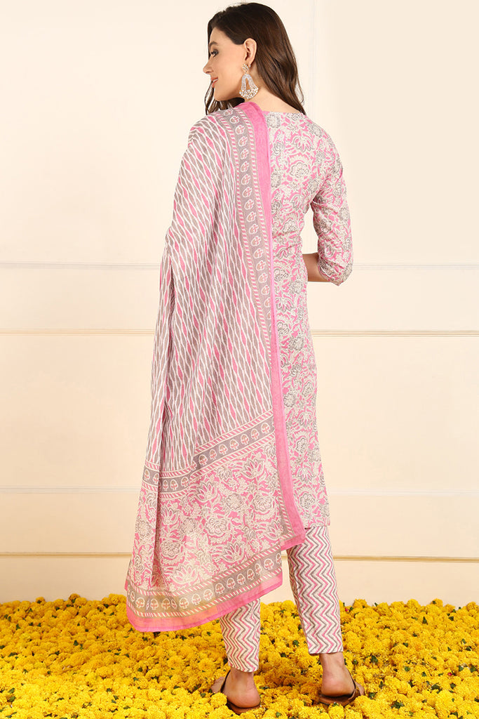 Pink Pure Cotton Floral Printed Straight Suit Set JPSKD1033PNK