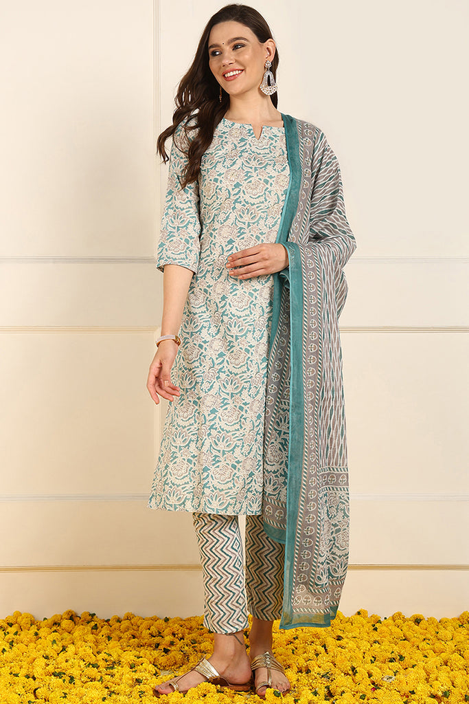 Teal Pure Cotton Floral Printed Straight Suit Set JPSKD1033TIL