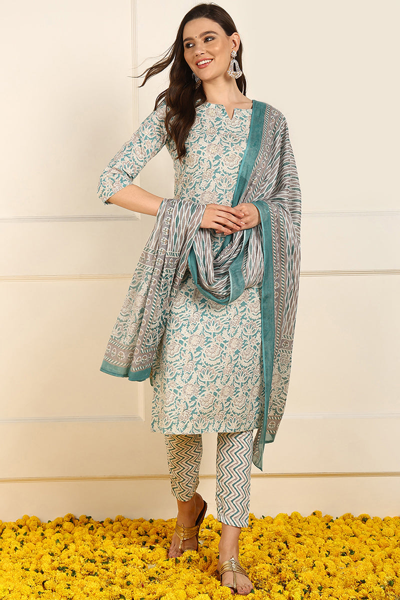 Teal Pure Cotton Floral Printed Straight Suit Set JPSKD1033TIL