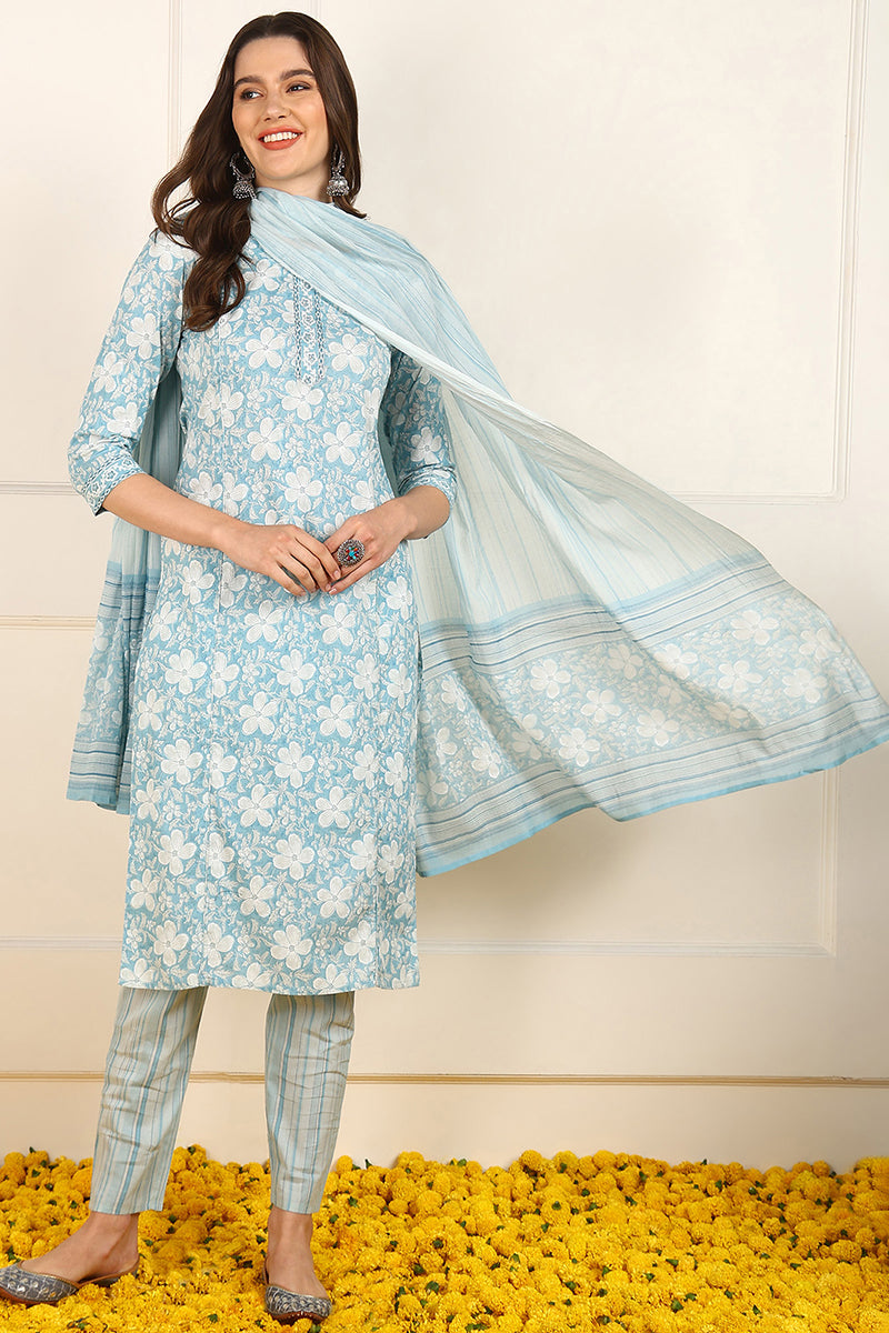 Blue Cotton Floral Printed Straight Suit Set JPSKD1034BLU