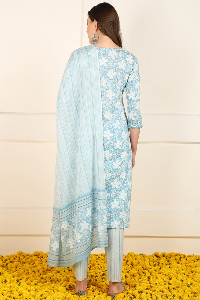 Blue Cotton Floral Printed Straight Suit Set JPSKD1034BLU