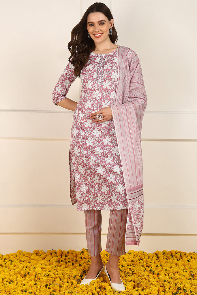 Pink Cotton Floral Printed Straight Suit Set JPSKD1034PNK