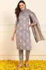 Violet Pure Cotton Floral Embroidered Straight Suit Set JPSKD1035VLT