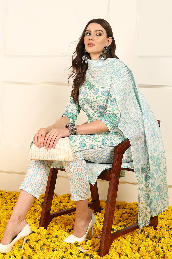 White Pure Cotton Floral Printed Straight Suit Set JPSKD1036GRN