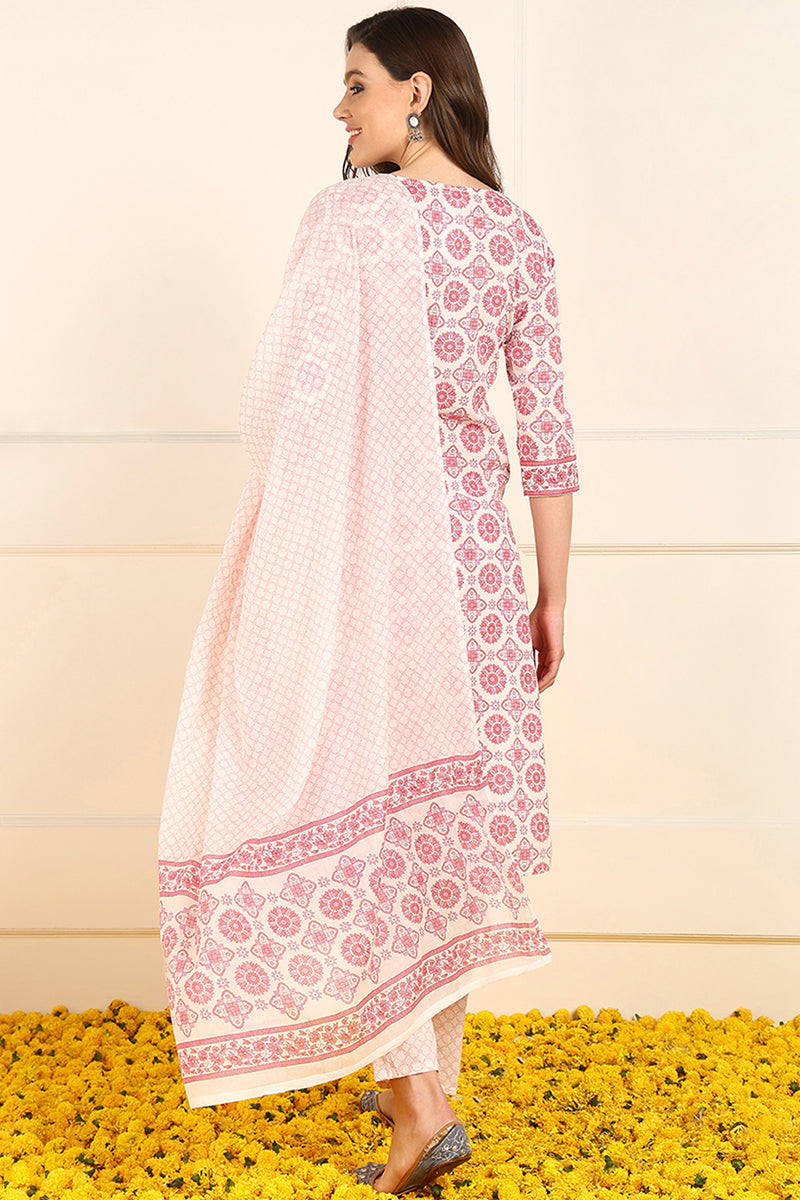 Pink Pure Cotton Ethnic Motifs Printed Straight Suit Set JPSKD1037PNK