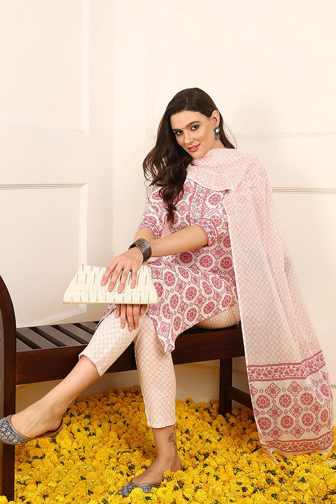 Pink Pure Cotton Ethnic Motifs Printed Straight Suit Set JPSKD1037PNK