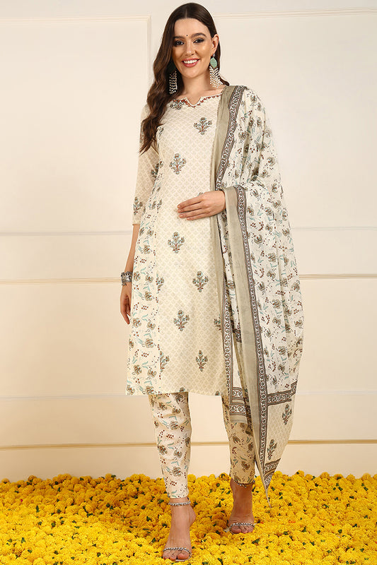 Cream Pure Cotton Ethnic Motifs Printed Straight Suit Set JPSKD1038CRM