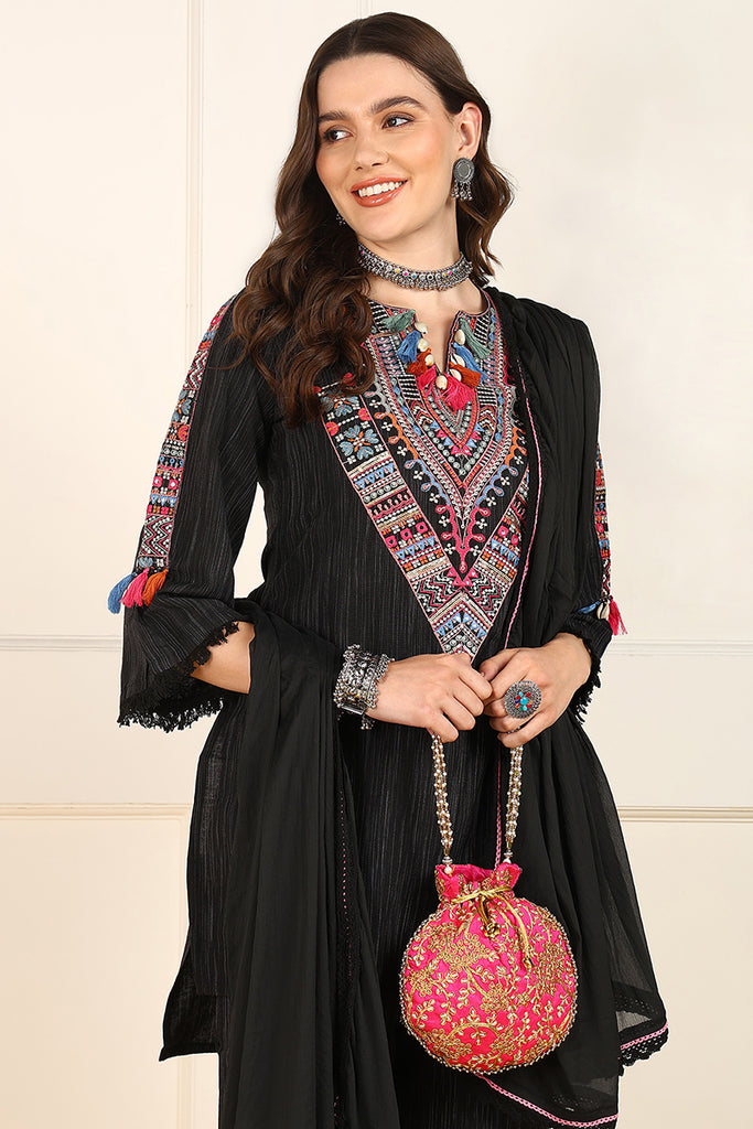 Black Cotton Embroidered Straight Suit Set JPSKD1039BLK