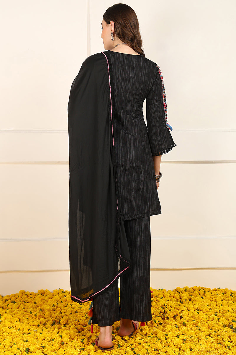 Black Cotton Embroidered Straight Suit Set JPSKD1039BLK