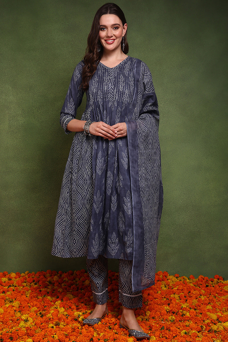 Navy Blue Pure Cotton Bandhani Printed A-Line Suit Set JPSKD1040BLU