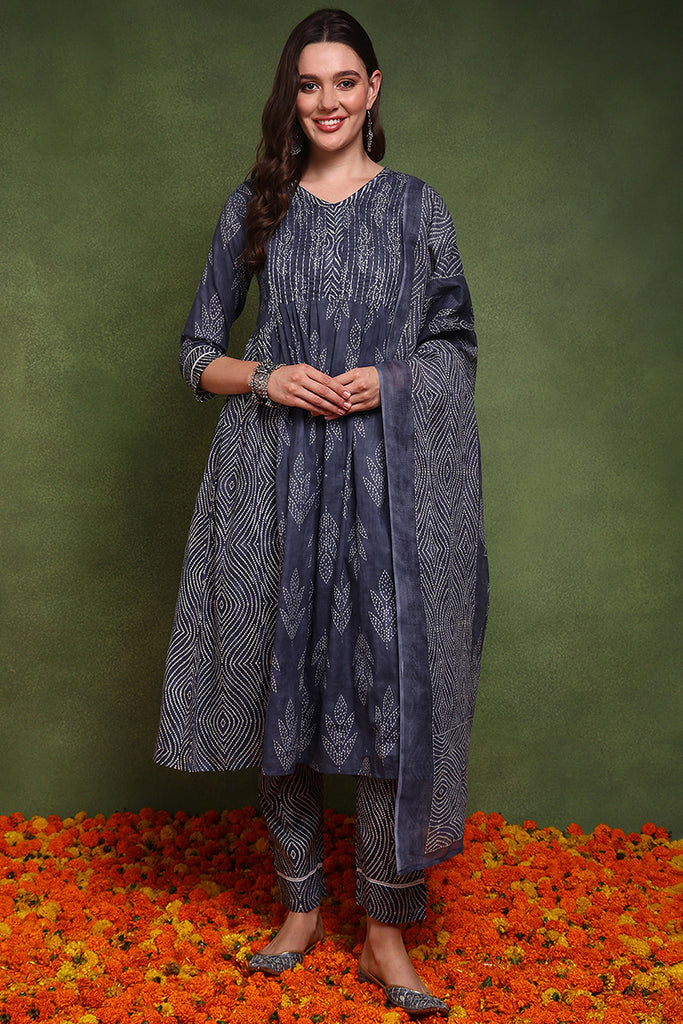 Navy Blue Pure Cotton Bandhani Printed A-Line Suit Set JPSKD1040BLU