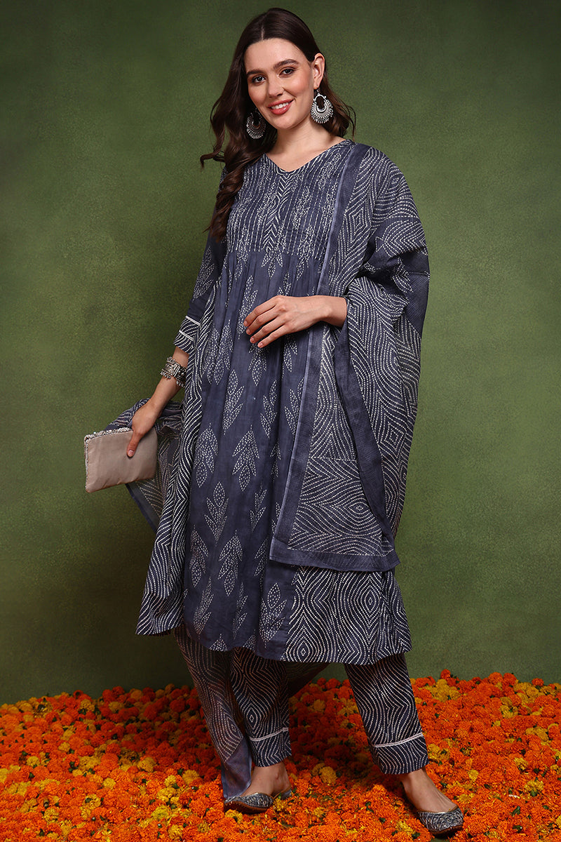 Navy Blue Pure Cotton Bandhani Printed A-Line Suit Set JPSKD1040BLU