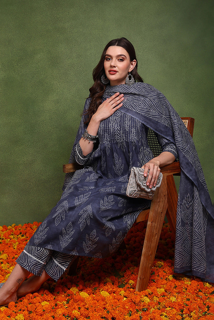 Navy Blue Pure Cotton Bandhani Printed A-Line Suit Set JPSKD1040BLU