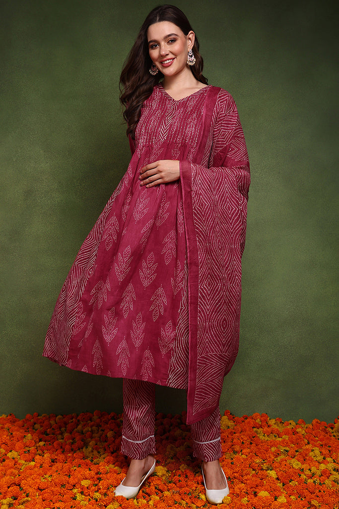 Pink Pure Cotton Bandhani Printed A-Line Suit Set JPSKD1040PNK