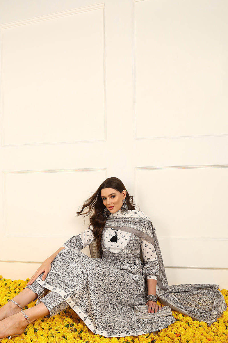 Grey Pure Cotton Ethnic Motifs Printed Anarkali Suit Set JPSKD1041GRY