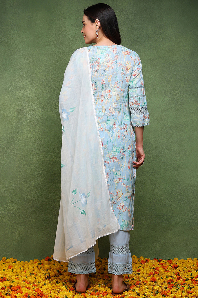 Blue Pure Cotton Floral Printed Straight Suit Set JPSKD1042BLU