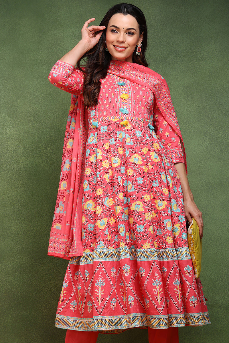 Pink Pure Cotton Floral Printed Anarkali Suit Set JPSKD1046PNK