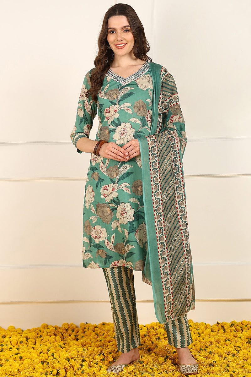 Green Cotton Floral Printed Straight Suit Set JPSKD1047GRN