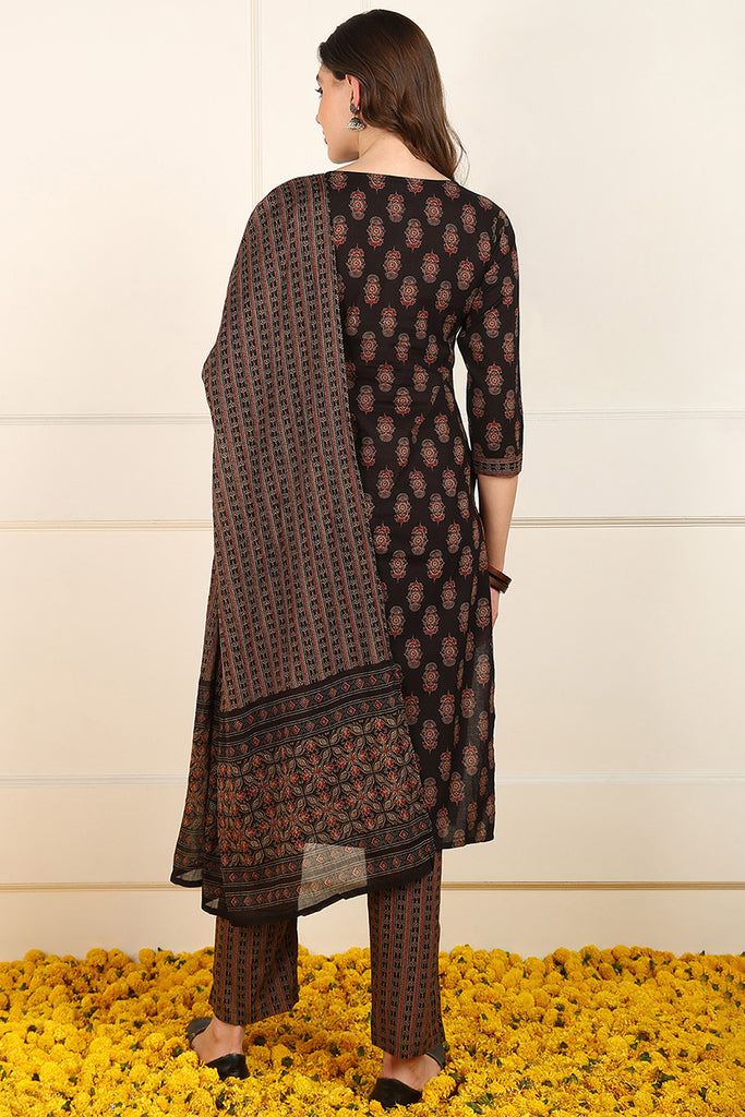 Brown Cotton Ethnic Printed A-Line Suit Set JPSKD1048BRN