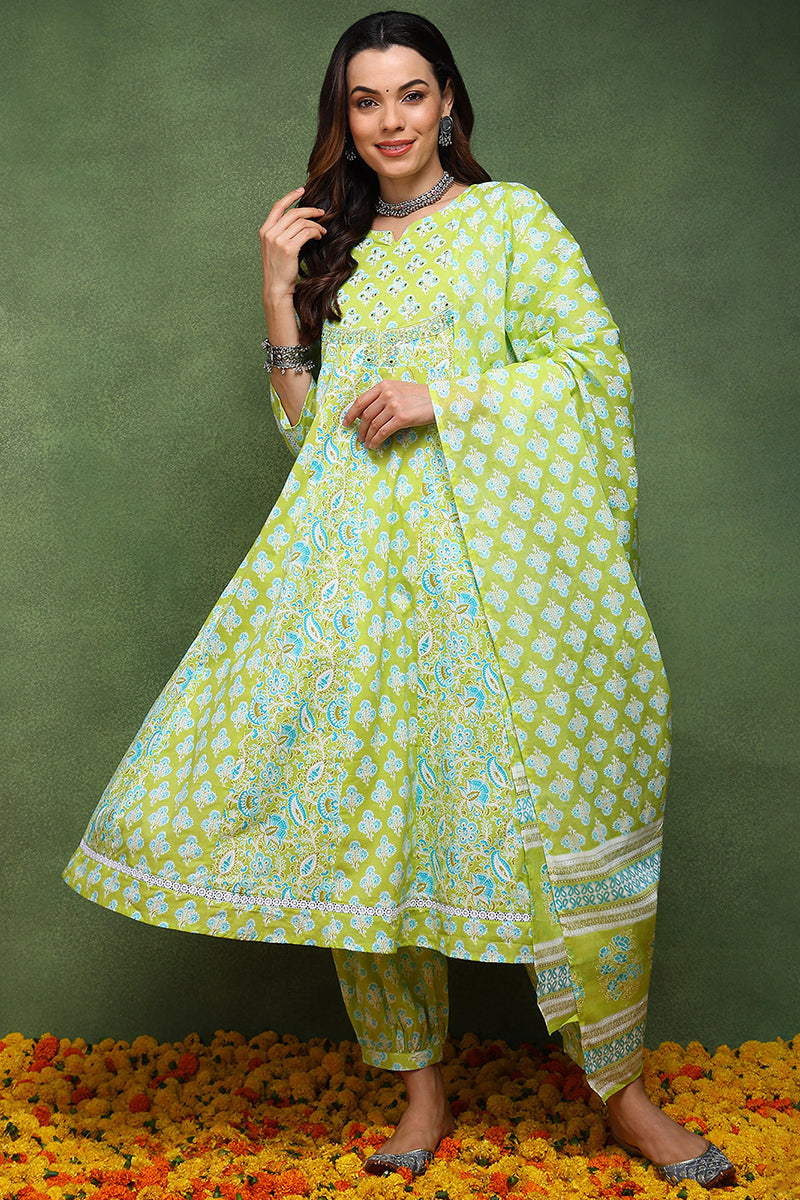 Lime Green Pure Cotton Ethnic Motifs Embroidered Anarkali Suit Set JPSKD1048LIM