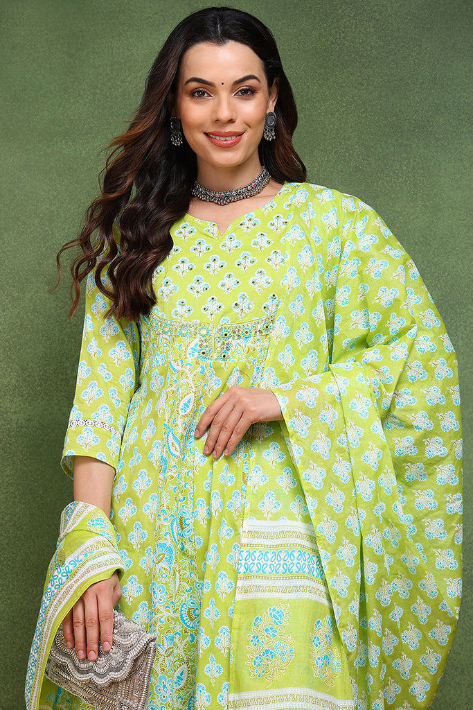 Lime Green Pure Cotton Ethnic Motifs Embroidered Anarkali Suit Set JPSKD1048LIM