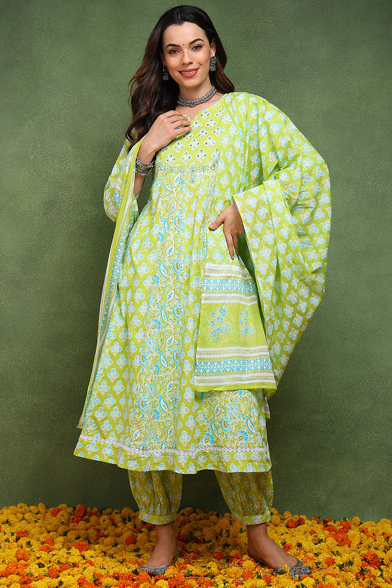 Lime Green Pure Cotton Ethnic Motifs Embroidered Anarkali Suit Set JPSKD1048LIM