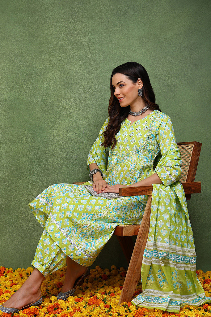 Lime Green Pure Cotton Ethnic Motifs Embroidered Anarkali Suit Set JPSKD1048LIM