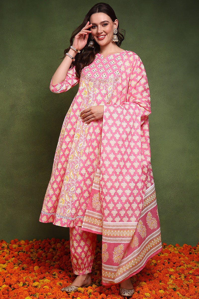 Pink Pure Cotton Ethnic Motifs Embroidered Anarkali Suit Set JPSKD1048PNK