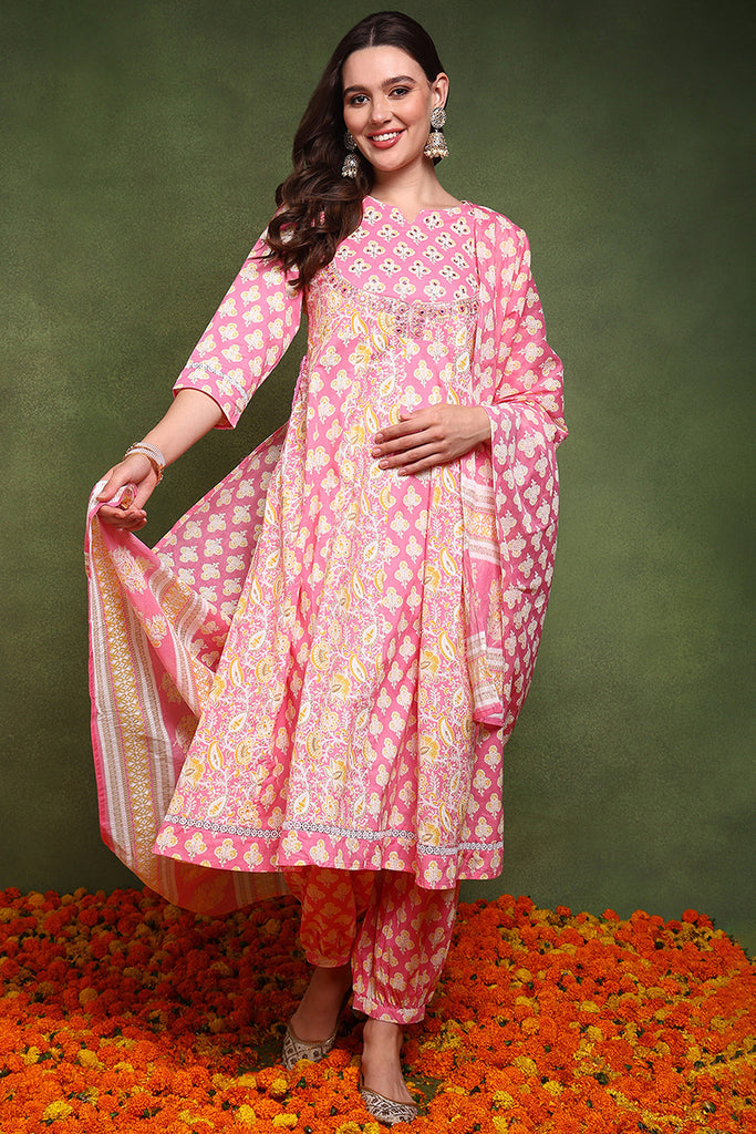 Pink Pure Cotton Ethnic Motifs Embroidered Anarkali Suit Set JPSKD1048PNK