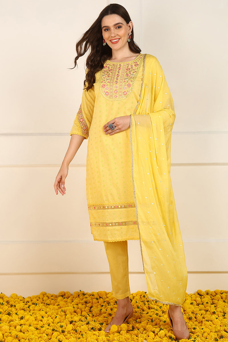 Yellow Cotton Embroidered Straight Suit Set JPSKD1052YLW