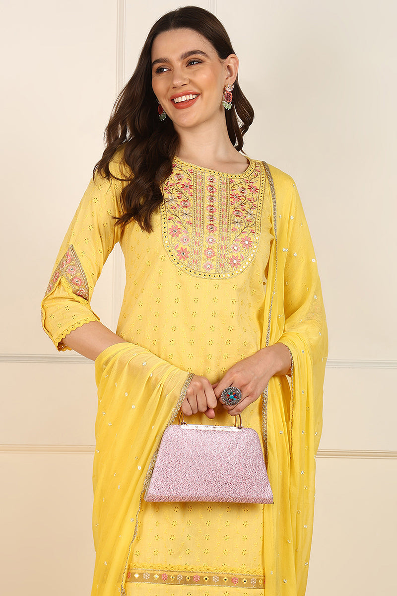 Yellow Cotton Embroidered Straight Suit Set JPSKD1052YLW