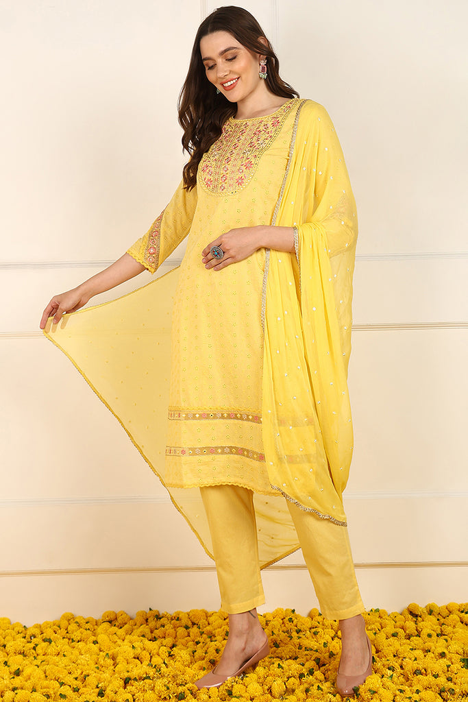 Yellow Cotton Embroidered Straight Suit Set JPSKD1052YLW