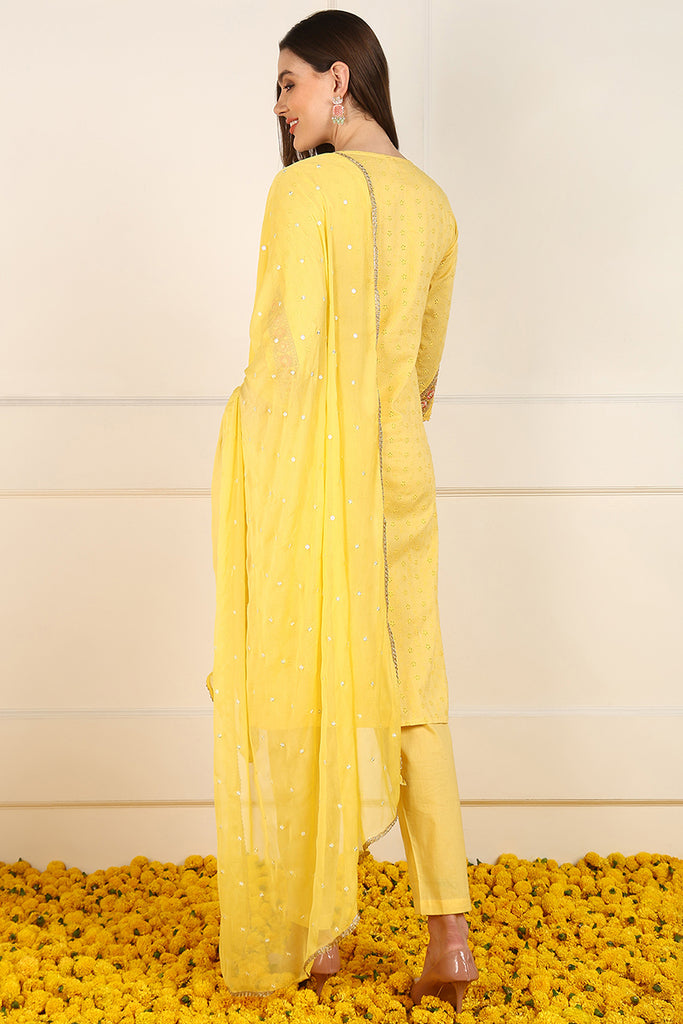 Yellow Cotton Embroidered Straight Suit Set JPSKD1052YLW