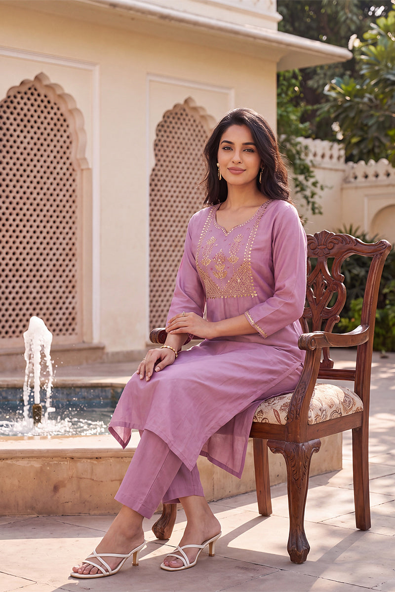 Purple Solid Embroidered Kurta with Trouser Set LPKSET1004