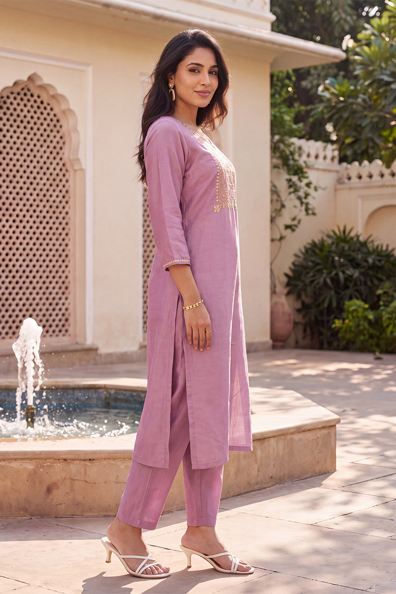 Purple Solid Embroidered Kurta with Trouser Set LPKSET1004